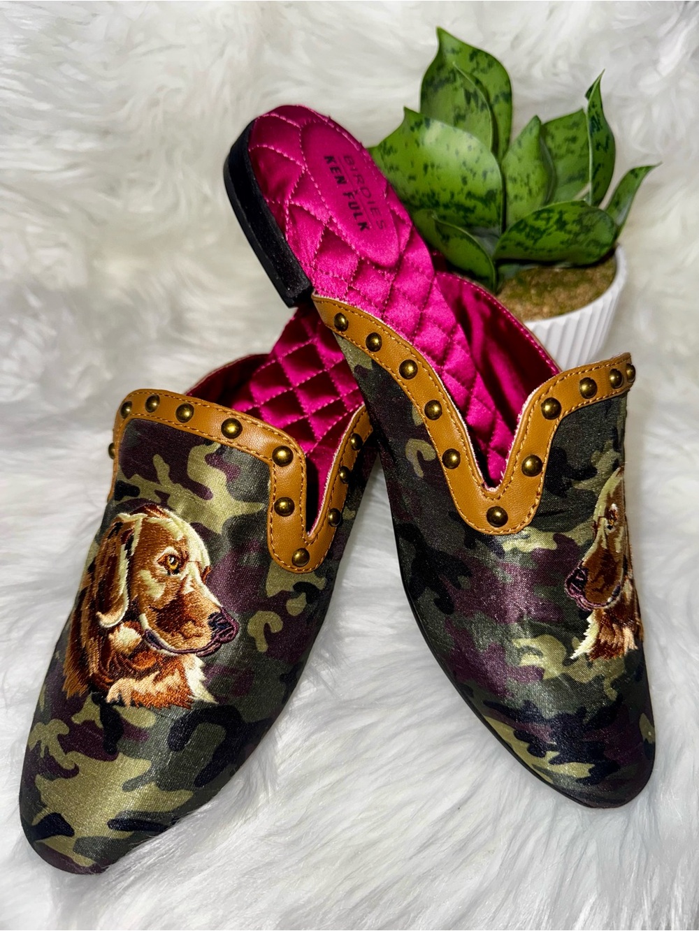 Birdies x Ken Fulk Phoebe Pink Green Camouflage Mules Golden Retriever Sz 9.5